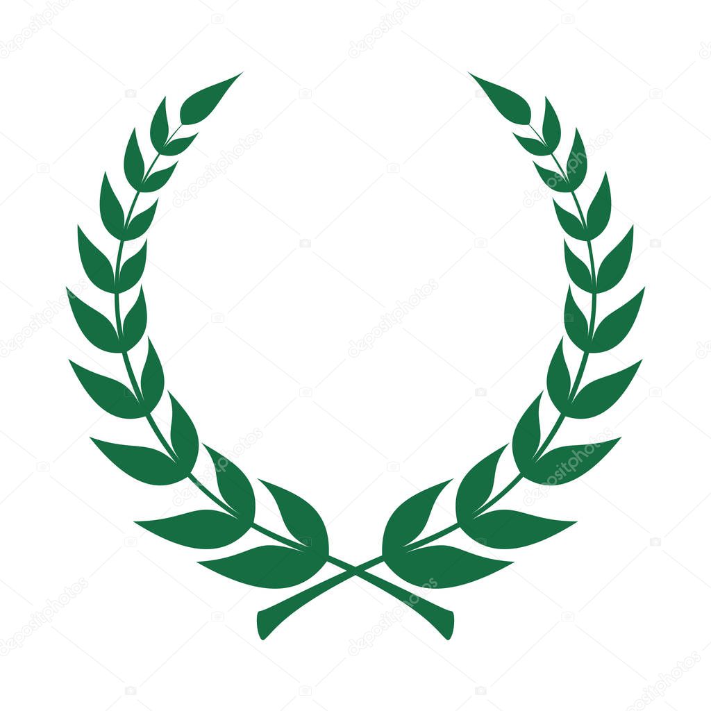 Laurel wreath icon. Emblem made of laurel branches. Laurel leaves symbol of high quality olive plants. Green sign isolated on white background. Vector illustration