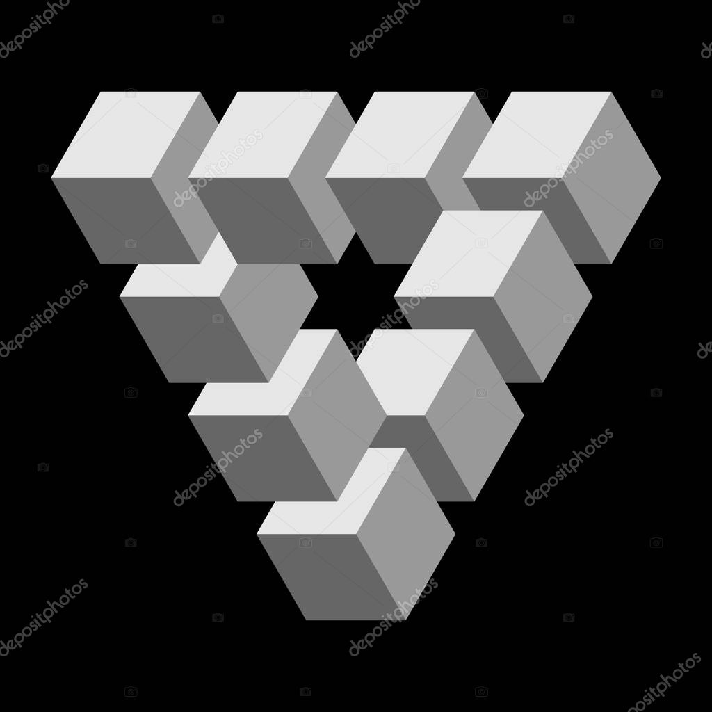 Symbol optical illusion. The triangle Penrose icon. Triangle consisting of 9 cubes. Triangle monochrome design. Logo. Vector illustration