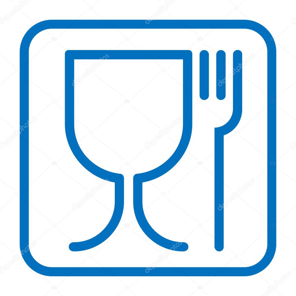 Food safe sign. International emblem on the packaging. Food safe symbol used for marking food contact materials. Blue icon in square, isolated on white background. Vector Illustration