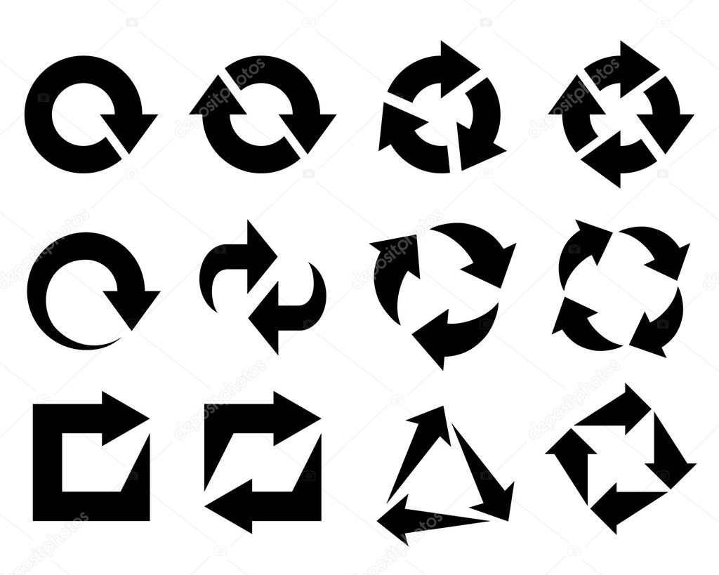 Recycled set black symbols isolated on white background. Icon recycled element for website, app or infographics. Sign flat design vector illustration
