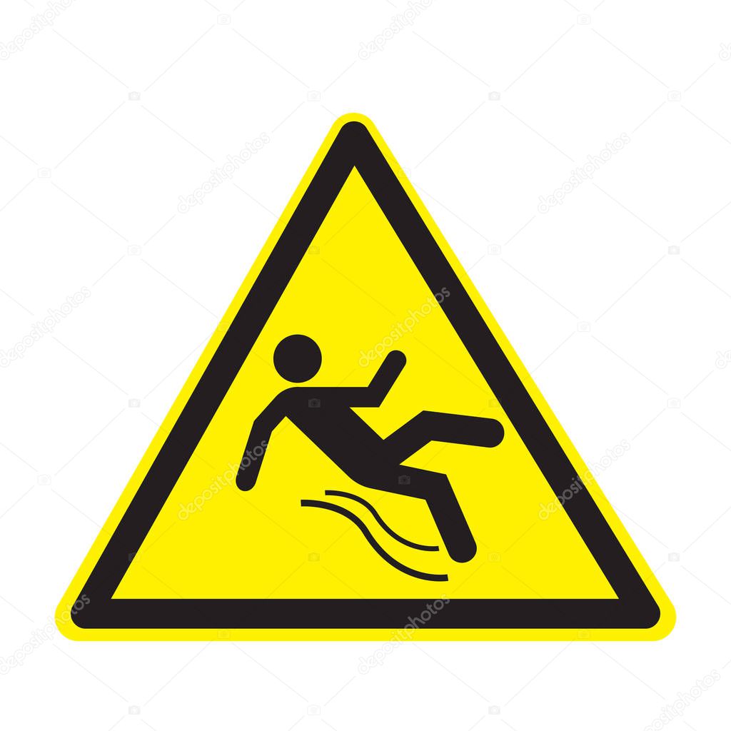 Yellow triangular sign with silhouette of a falling man. Isolated symbol wet the floor on white background. Vector illustration
