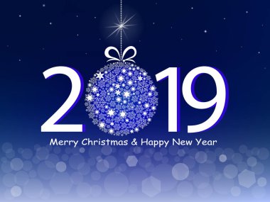 Mutlu yeni yıl 2019 mavi tasarım tebrik. Vektör çizim metin, kar taneleri ve bokeh ışık