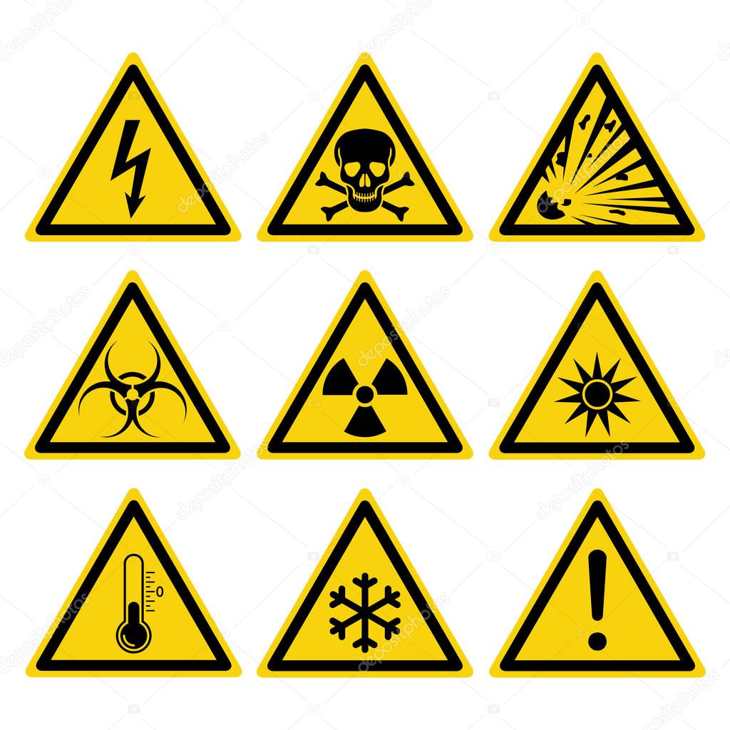 Hazard warning set triangular yellow signs. Isolated yellow triangular symbols on white background. Vector illustration.