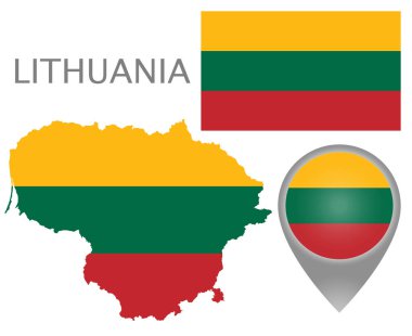 Litvanya bayrağı nın renklerinde renkli bayrak, harita işaretçisi ve Litvanya haritası. Yüksek detay. Vektör çizimi