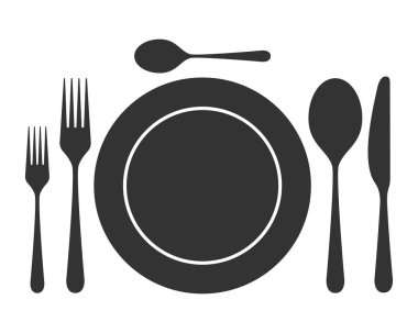 Sofra simgesi. İzole işareti tabak, kaşık, çatal ve bıçak beyaz arka plan üzerinde. Vektör çizim.