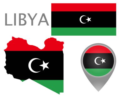 Renkli bayrak harita işaretçi ve Libya Haritası Libya bayrağı renkleri. Yüksek detay. Vektör çizim
