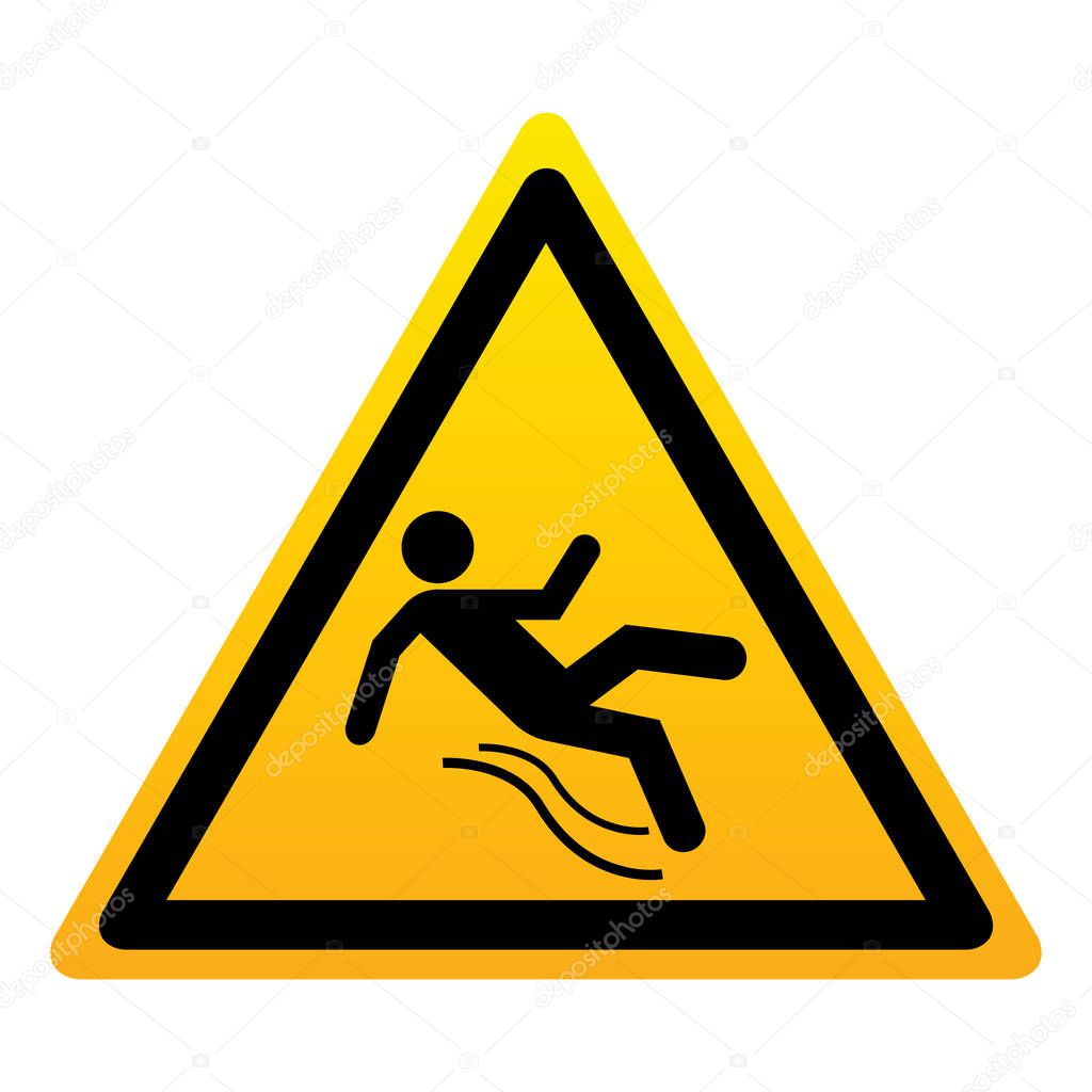 Yellow triangular sign with silhouette of a falling man. Isolated symbol wet the floor on white background. Vector illustration