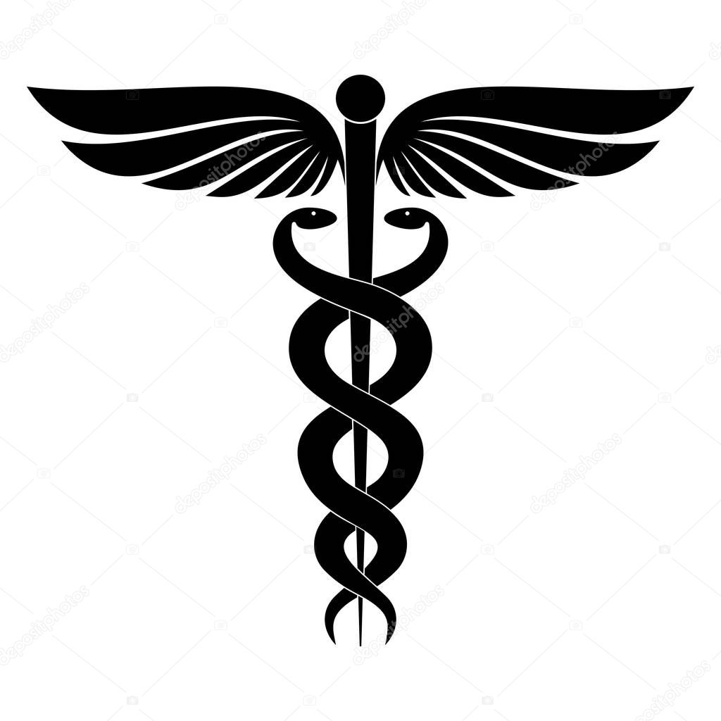 Modern sign of the caduceus. Symbol of medicine. The wand of Hermes with wings and two crossed snakes. Icon isolated on a white background. Vector illustration