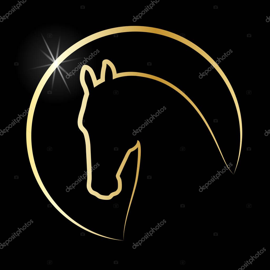 Head horse sign. Horse icon. Isolated silhouette head horse in the circle on black background. Logo. Vector illustration