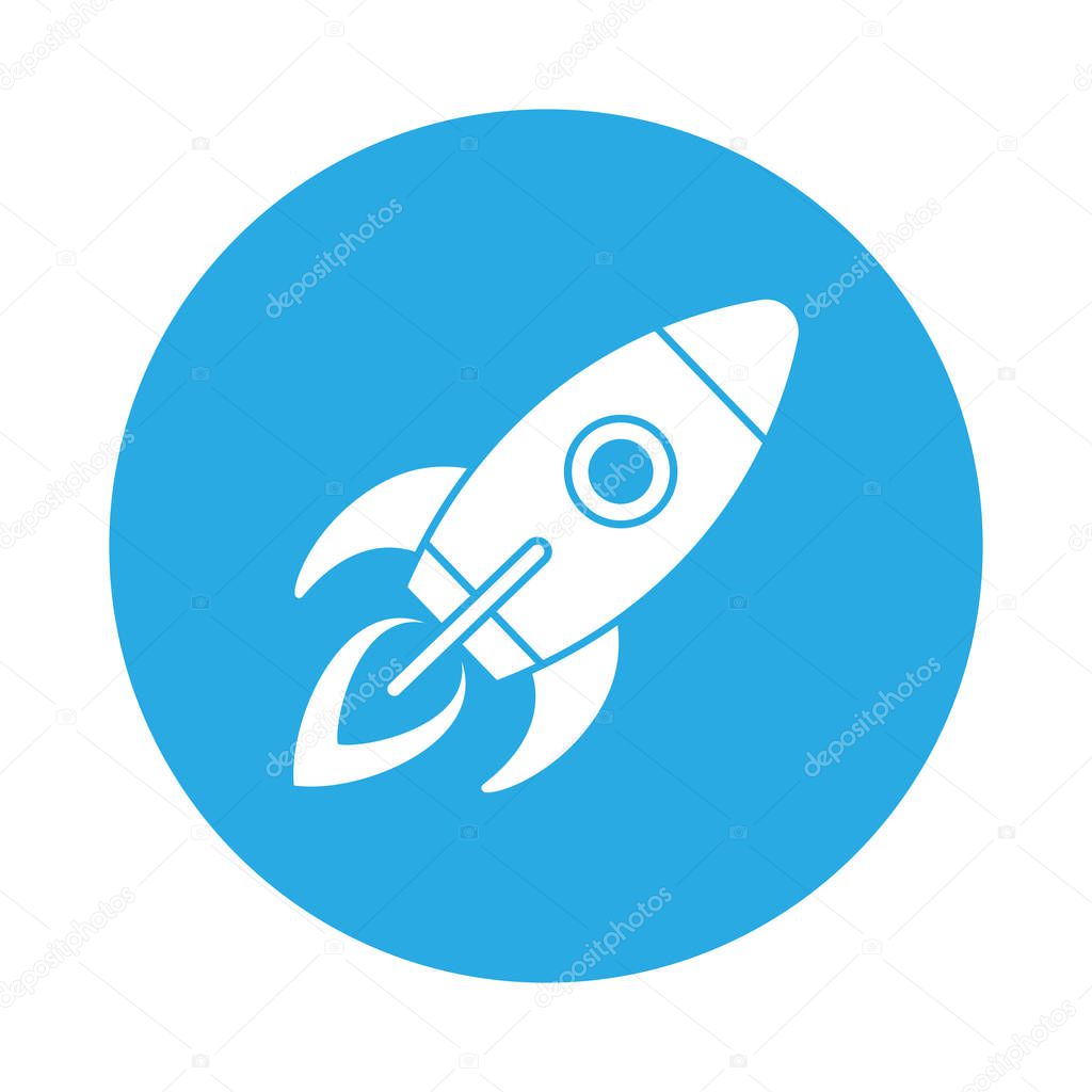 Rocket icon. Sign flying spaceship. Isolated symbol spacecraft in the circle on white background. Vector illustration