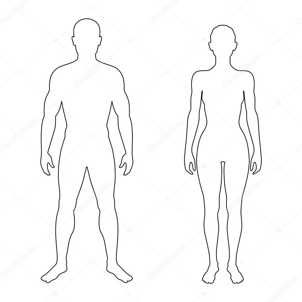 Male and female body contours. Man and woman isolated symbols on white background. Vector illustration