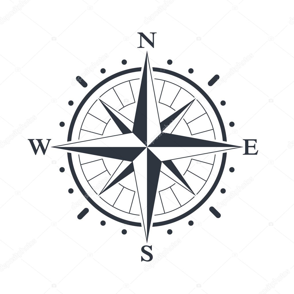 Compass graphic icon. Wind rose sign. Compass symbol isolated on white background. Vector illustration