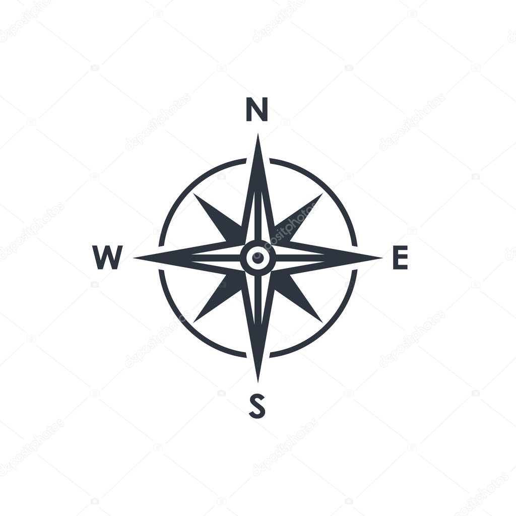 Compass graphic icon. Wind rose sign. Compass symbol isolated on white background. Vector illustration