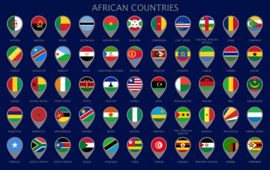 Afrika ülkelerinin tüm ulusal bayraklarını alfabetik sıraya göre işaretleyin. Resmi bayrak. Renkli harita işaretçileri. Vektör illüstrasyonu