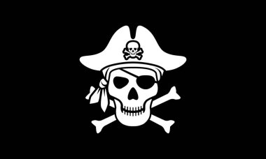 Sembol Jolly Roger. Siyah arka planda beyaz kafatası ve kemikleri olan korsan bayrağı. Bandana ve korsan şapkası ile kafatası imzala. Vektör illüstrasyonu