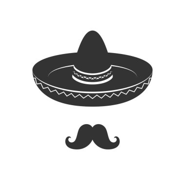 Meksikalı grafik simgesi. Sombrero ve bıyık işareti beyaz arka planda izole edilmiş. Vektör illüstrasyonu