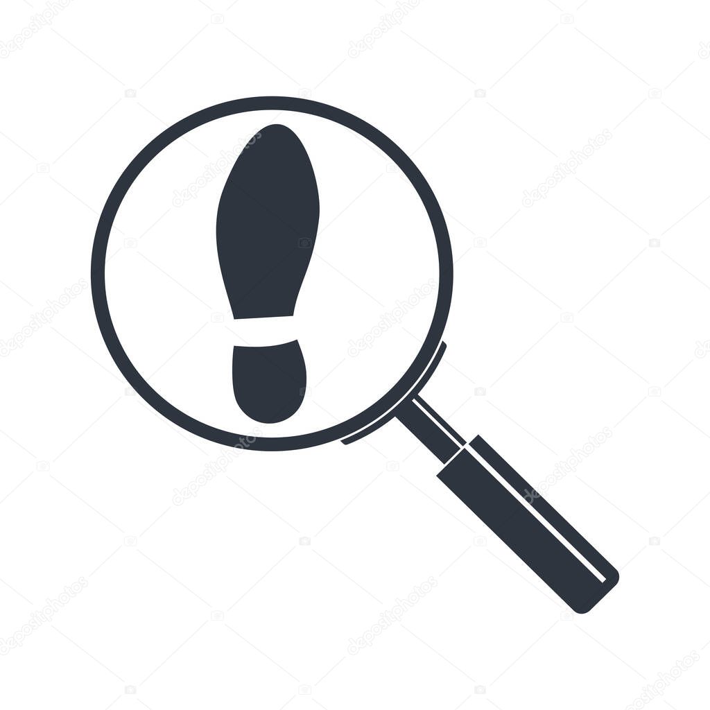 Shoe print  through a magnifying glass graphic sign. Sign isolated on white background. Symbol of searching and investigation. Vector illustration