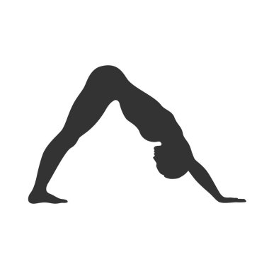 Yoga yapan kadın grafik ikonu pozu veriyor. Yoga yapan bir kadının silueti. Beyaz arka planda izole edilmiş işaret. Vektör illüstrasyonu