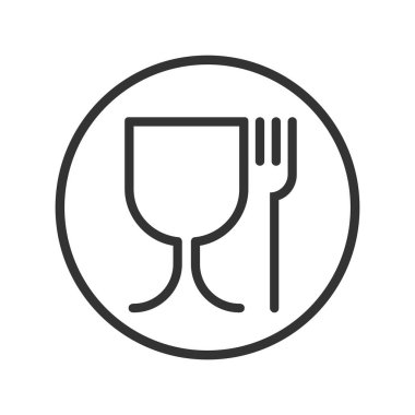 Yiyeceklerle temas eden güvenli maddeler. Beyaz arka planda izole edilmiş çemberdeki şarap kadehi ve çatal işareti. Güvenli yemek. Vektör illüstrasyonu