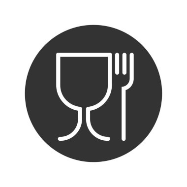 Yiyeceklerle temas eden güvenli maddeler. Beyaz arka planda izole edilmiş çemberdeki şarap kadehi ve çatal işareti. Güvenli yemek. Vektör illüstrasyonu