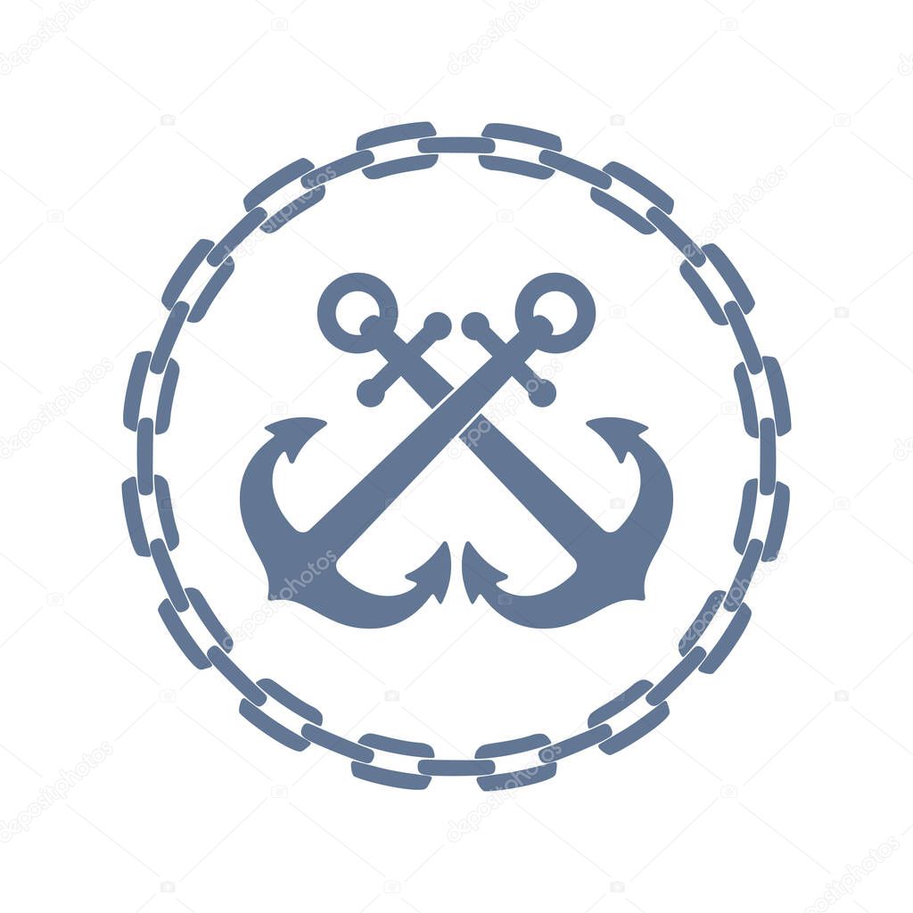 Crossed anchors in framing from chain. Anchors graphic sign isolated on white background. Marine symbol. Vector illustration