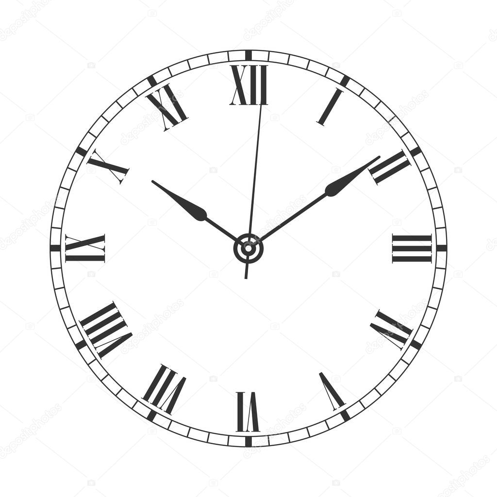 Vintage clock face graphic icon. Watch in retro style symbol isolated on white  background. Design template closeup. Vector illustration