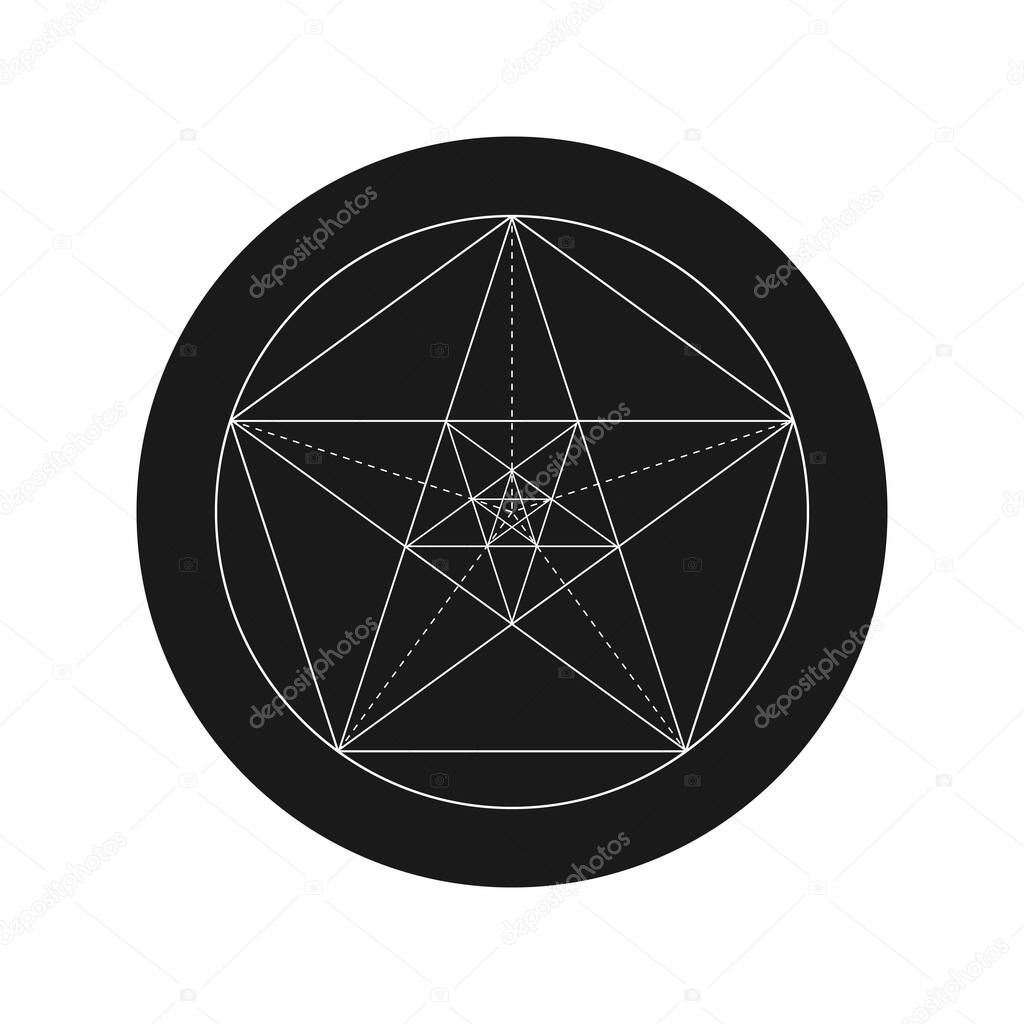 Pentagonal star graphic pentagram. Golden section sign in the circle isolated on white background. Fibonacci number. Geometric shape. Vector illustration