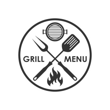 Pul ızgara menüsü. Grafik üzerinde çapraz barbekü araçları, alev ve metin 