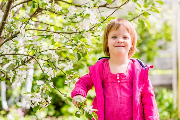 微笑的2，5岁女孩的肖像与花枝 — 图库照片