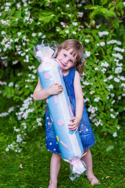 4岁的女孩拥抱大糖果。花园里的夏天. — 图库照片