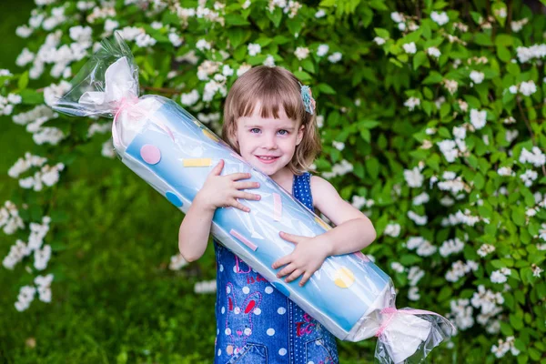 4岁的女孩拥抱大糖果。花园中的照片会话. — 图库照片
