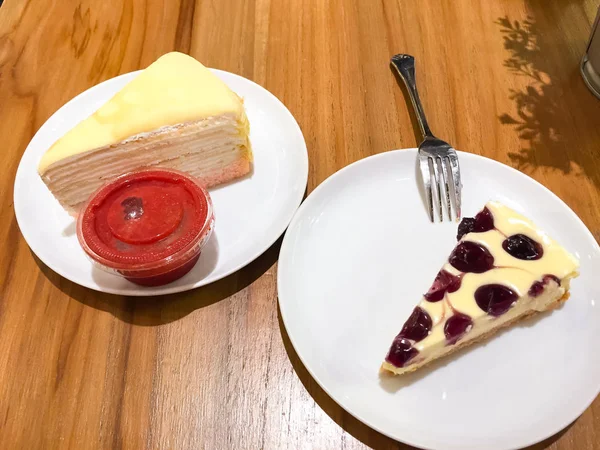 Blueberry Cheesecake Crepe Cake Strawberry Sauce White Dish All Were — Stock Photo, Image