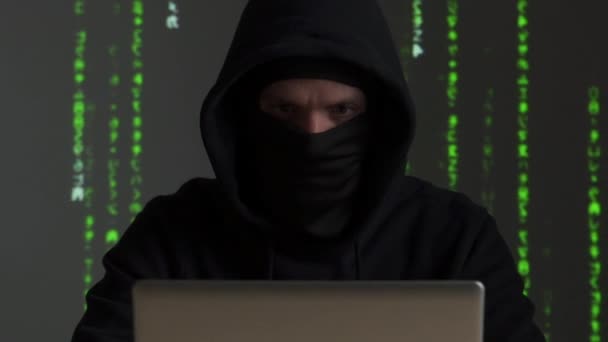 Hacker internet computer crime cyber attack network security programming code password protection — Stockvideo