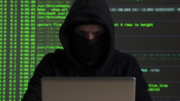 Hacker internet computer crime cyber attack network security programming code password protection — Stockvideo