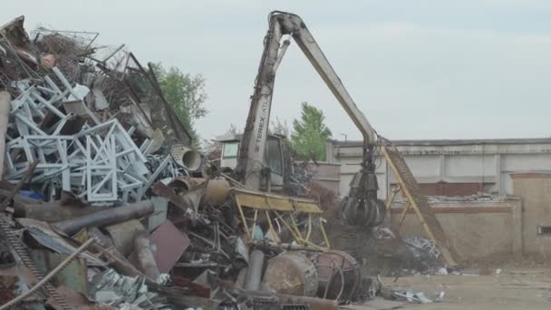 Makineye bak, hidrolik yakalama pençeli yükleyici manipülatörü eski çeliği topluyor, hareket ettiriyor, hurda metali. — Stok video