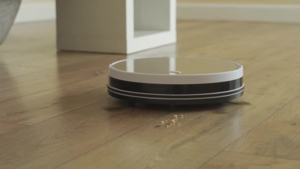 Aspirador robô limpa o apartamento. aspirador robô no interior — Vídeo de Stock