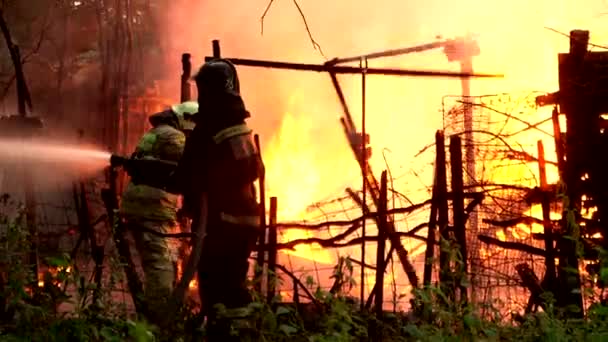 Strażacy gaszą pożar wężem. — Wideo stockowe