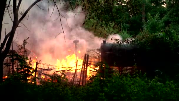 Пожежники гасять вогонь шлангом — стокове відео