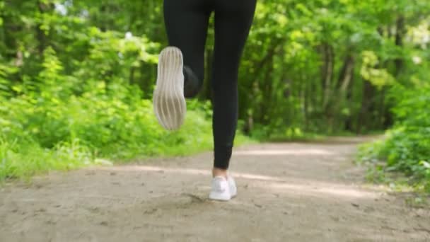 Widok z tyłu dziewczęcych stóp biegnących przez zielony las — Wideo stockowe