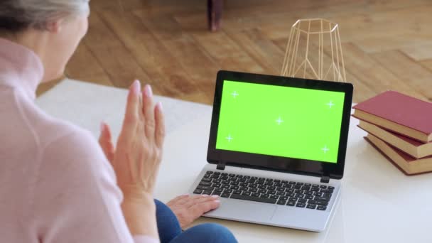 Elderly mature woman with gray hair and a video call on her Laptop. Laptop with a green screen — Stock Video