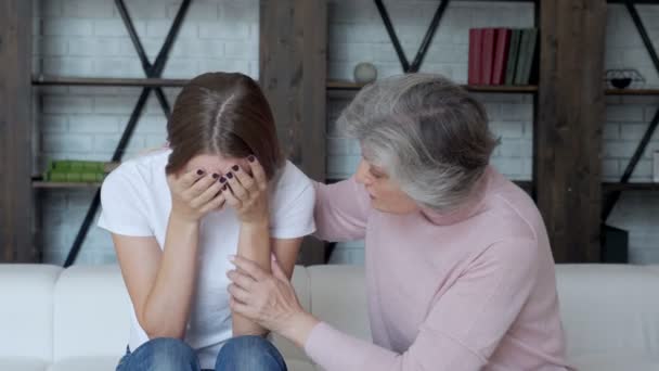 Een moeder van middelbare leeftijd en een volwassen dochter zitten op de bank. Moeder kalmeert haar dochter, helpt haar door een slechte scheiding te breken met haar vriend — Stockvideo