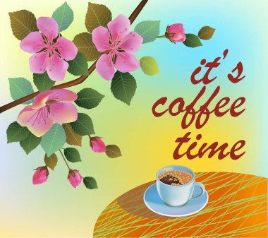 Baharın yaprakları kiraz çiçekleri açıyor. Baharda masanın üzerinde kahve. Kahve içme zamanı..