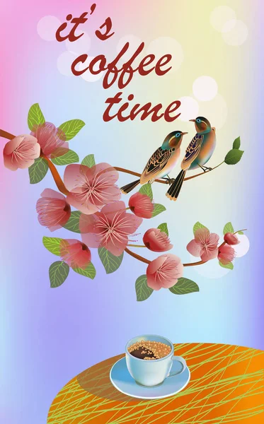 Bannière Printemps Feuilles Floraison Cerisier Fleur Café Sur Table Printemps — Image vectorielle
