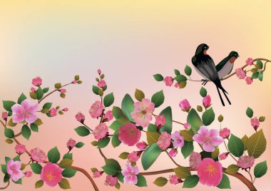 Vektör illüstrasyon yayı. Herkes uyansın, sakura çiçekleri. Kartpostal. 