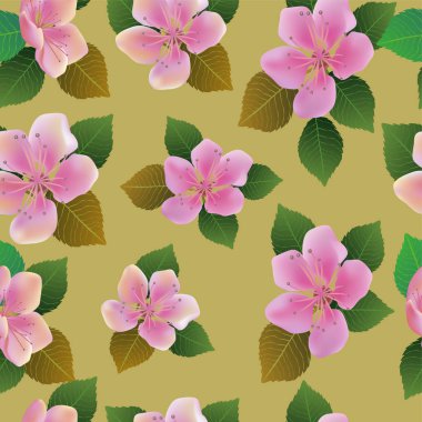 Vektör sorunsuz bahar arka plan yeşil ve sarı yaprakları ile beyaz ve pembe çiçekli