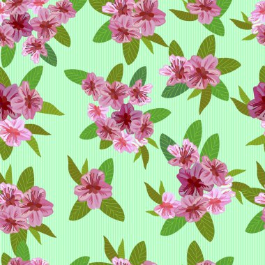 Vektör sorunsuz bahar arka plan yeşil ve sarı yaprakları ile beyaz ve pembe çiçekli