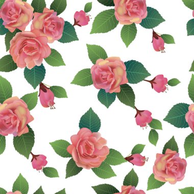 Vektör sorunsuz bahar arka plan yeşil ve sarı yaprakları ile beyaz ve pembe çiçekli