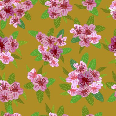 Vektör sorunsuz bahar arka plan yeşil ve sarı yaprakları ile beyaz ve pembe çiçekli