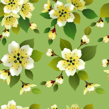 Vektör sorunsuz bahar arka plan yeşil ve sarı yaprakları ile beyaz ve pembe çiçekli