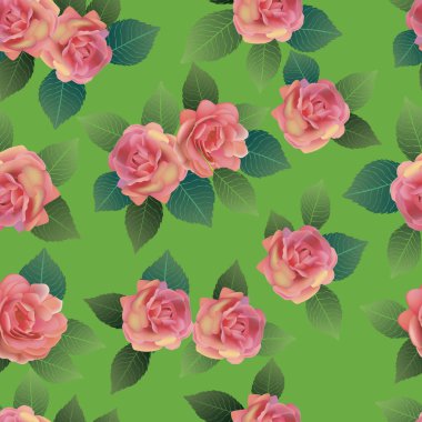 Vektör sorunsuz bahar arka plan yeşil ve sarı yaprakları ile beyaz ve pembe çiçekli